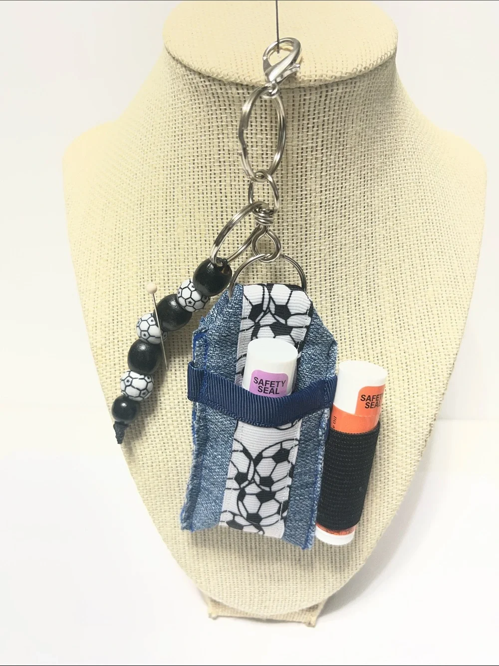 Handmade Soccer Print Lip Balm Keychain Holder in Blue